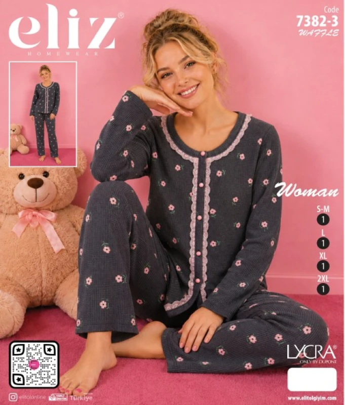 ELİZ 7382-3 WAFFLE DÜĞMELİ DANTELLİ PİJAMA TAKIMI