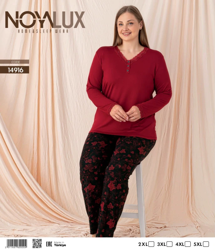 NOYALUX 14916 YAKA DANTELLİ 3 DÜĞMELİ V YAKA BATTAL KADIN PİJAMA TAKIMI