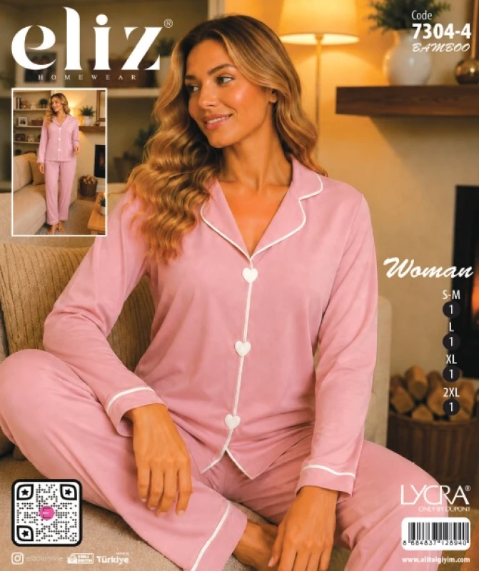 ELİZ 7304-4 KADIN KALP NAKIŞLI BAMBU PİJAMA TAKIMI