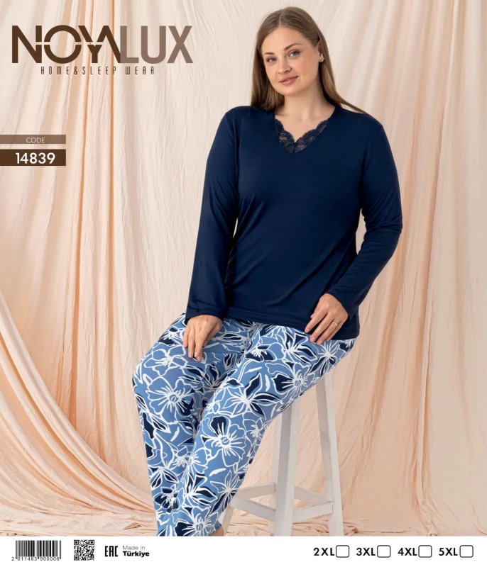 NOYALUX 14839 YAKA DANTELLİ V YAKA BATTAL KADIN PİJAMA TAKIMI LACİVERT