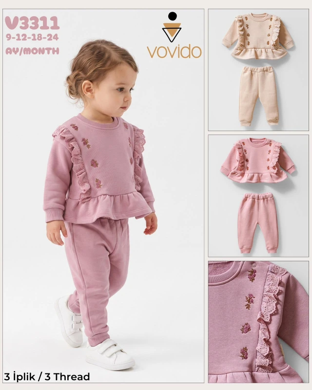 VOVİDO V3311 ÖN ÇİFT NAKIŞLI TAKIM KIZ BEBEK 6-24 AY