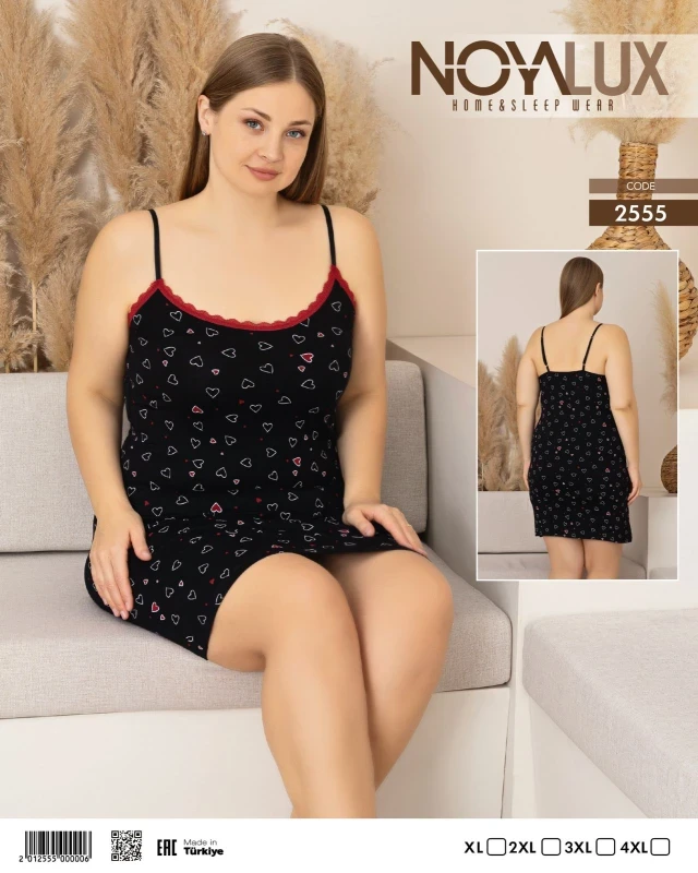NOYA 2555 BİG DESENLİ İP ASKILI KADIN GECELİK SİYAH