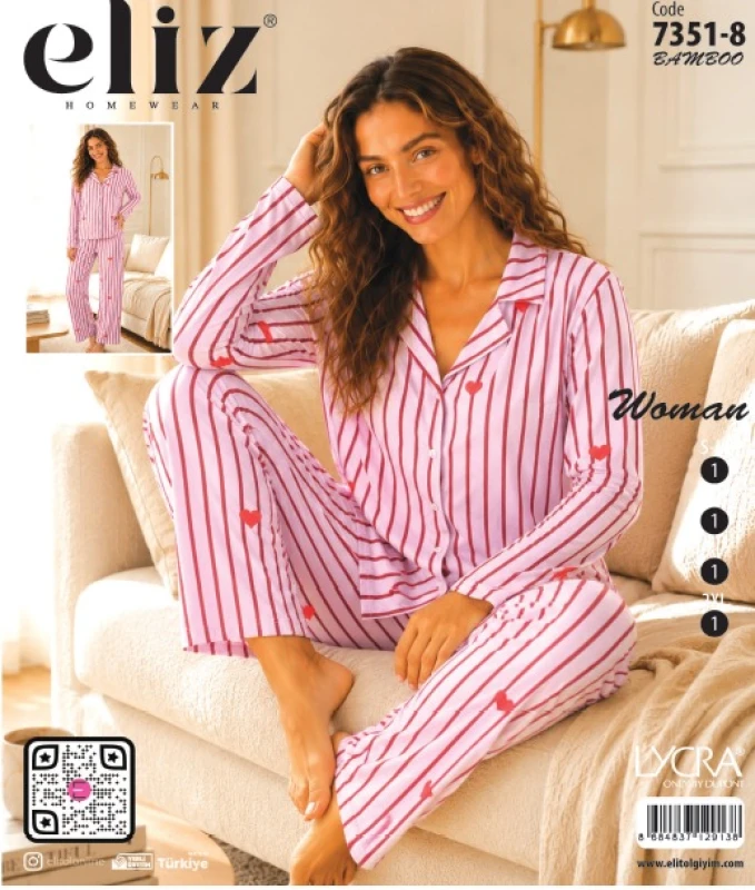 ELİZ 7351-8 KADIN DÜĞMELİ BAMBU PİJAMA TAKIMI