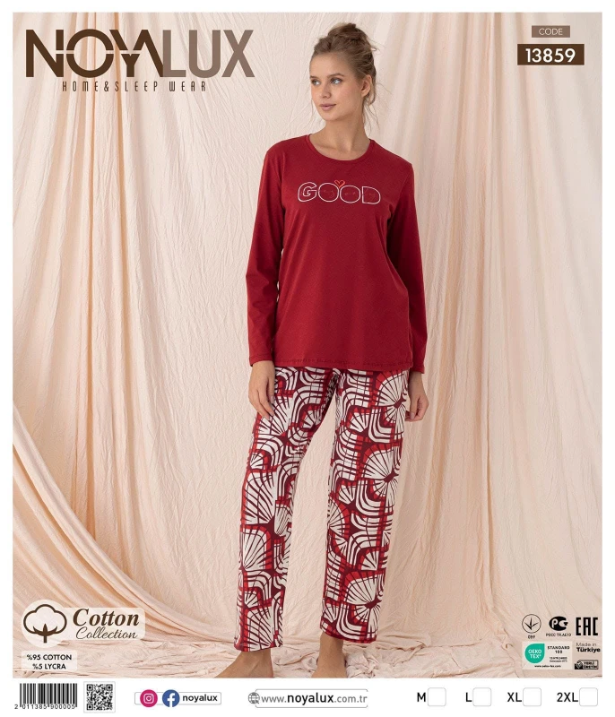 NOYALUX 13859 COTTON BASKILI KIRMIZI KADIN PİJAMA TAKIMI