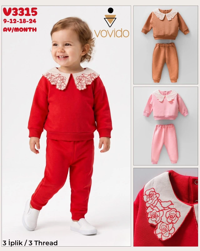 VOVİDO V3315 YAKASI GÜL DETAYLI ÜÇ İP KIZ BEBEK TAKIM 6-24 AY