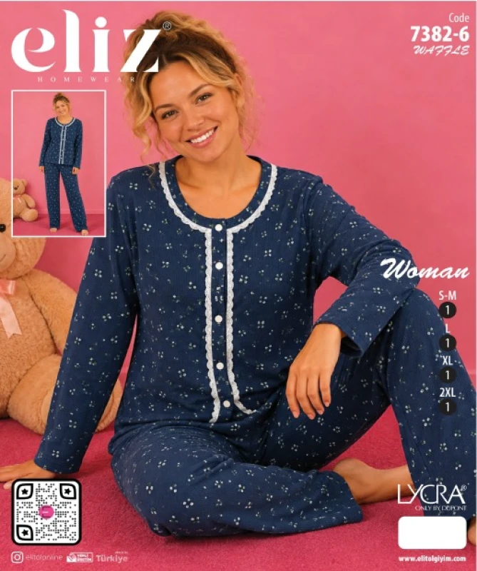 ELİZ 7382-6 WAFFLE DÜĞMELİ DANTELLİ PİJAMA TAKIMI