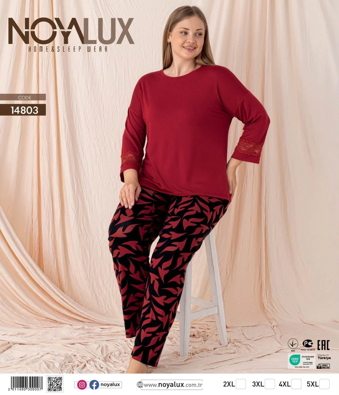 NOYALUX 14803 BİSİKLET YAKA BATTAL KADIN PİJAMA TAKIMI KIRMIZI 2XL-5XL