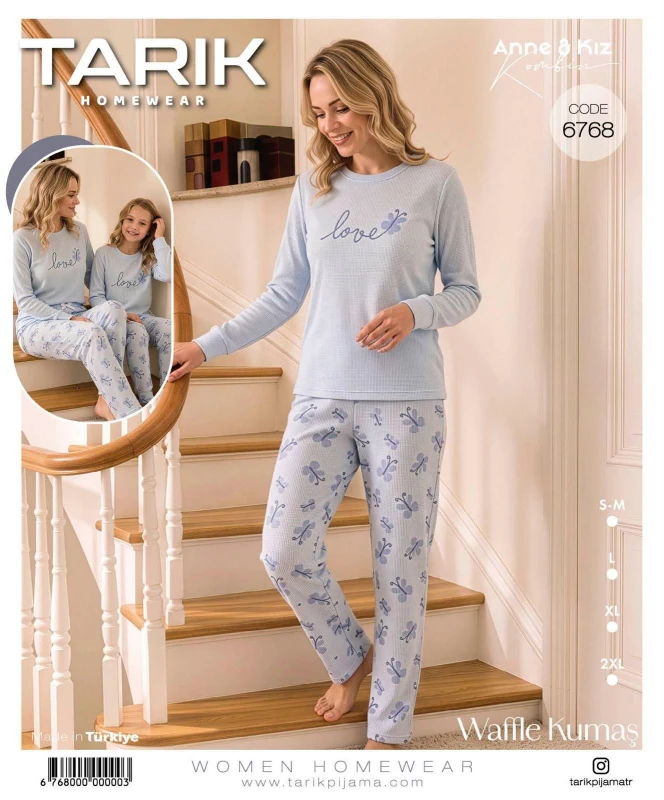 TARIK 6768 BAYAN ANNE-KIZ LOVE NAKIŞLI WAFFLE PİJAMA TAKIMI