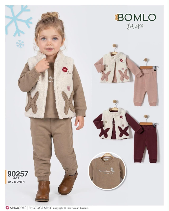 BOMLO 90257 ÇİÇEKLİ KELEBEKLİ PELUŞ YELEK 3'LÜ KIZ BEBEK TAKIM
