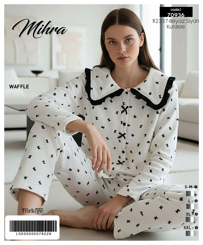 MİHRA 70936 R2337 WAFFLE DÜĞMELİ YAKASI FIRFIRLI PİJAMA TAKIMI