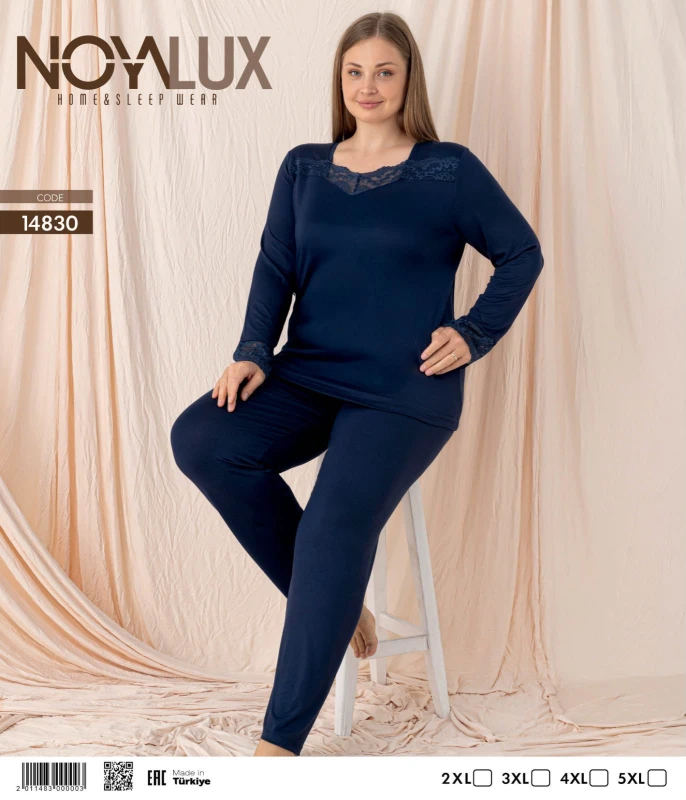 NOYALUX 14830 YAKA DANTELLİ GENİŞ YAKA BATTAL KADIN PİJAMA TAKIMI LACİVERT