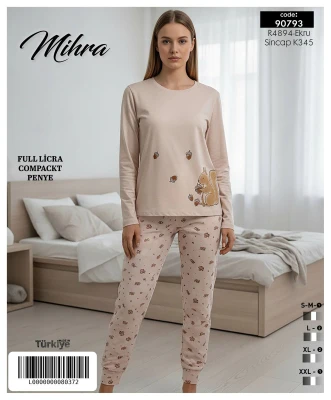 MİHRA 90793 R4894 LİKRALI SÜPREM BASKILI PAÇASI MANŞETLİ PİJAMA TAKIMI