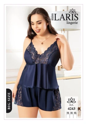 MİSS LARİS 4243 SATEN İP ASKILI ŞORTLU BATTAL TAKIM LACİVERT