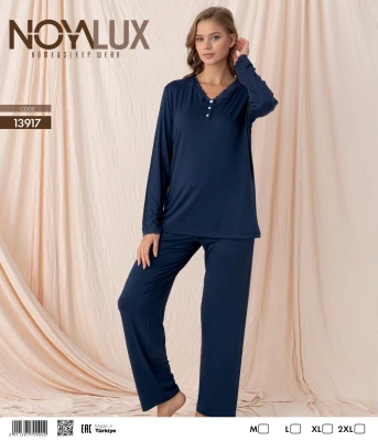 NOYALUX 13917 YAKA DANTELLİ V YAKA 3 DÜĞMELİ KADIN PİJAMA TAKIMI LACİVERT