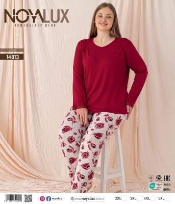 NOYALUX 14813 BİSİKLET YAKA BATTAL KADIN PİJAMA TAKIMI KIRMIZI 2XL-5XL