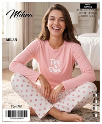 MİHRA 50902 R5103 MİLAN BASIC PİJAMA TAKIMI BEYAZ-PUDRA PEMBE