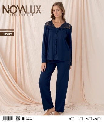 NOYALUX 13909 YAKA OMUZ DANTELLİ DÜĞMELİ GÖMLEK KADIN PİJAMA TAKIMI LACİVERT