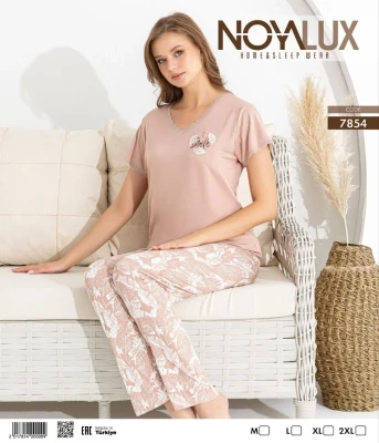 NOYA 7854 V YAKA ÇITIR DANTELLİ KADIN PİJAMA TAKIMI SÜTLÜ KAHVE