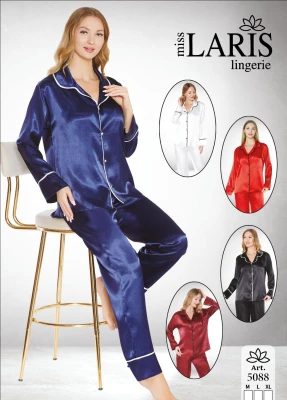 MİSS LARİS 5088 SATEN GÖMLEKLİ UZUN PİJAMA TAKIMI BORDO