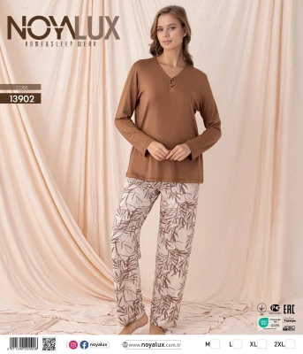 NOYALUX 13902 V YAKA 2 DÜĞMELİ KADIN PİJAMA TAKIMI KAHVE M-XXL