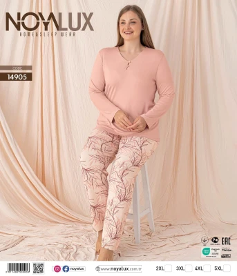 NOYALUX 14905 V YAKA 2 DÜĞMELİ BATTAL KADIN PİJAMA TAKIMI SOMON 2XL-5XL