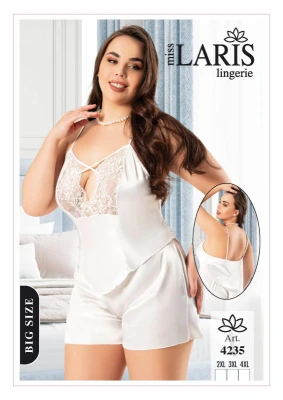 MİSS LARİS 4235 SATEN BATTAL ŞORTLU TAKIM BEYAZ