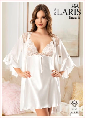 MİSS LARİS 5065 SATEN DANTELLİ SABAHLIKLI 2'Lİ TAKIM BEYAZ