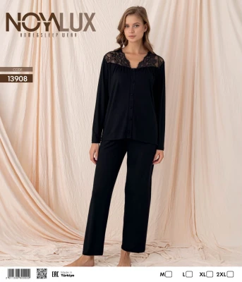 NOYALUX 13908 YAKA OMUZ DANTELLİ KADIN PİJAMA TAKIMI SİYAH M-XXL