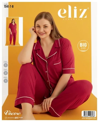 ELİZ 7041-7 VİSKON BAYAN DÜĞMELİ PİJAMA TAKIMI BORDO