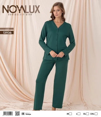 NOYALUX 13936 V YAKA DÜĞMELİ GÖMLEK KADIN PİJAMA TAKIMI YEŞİL M-2XL