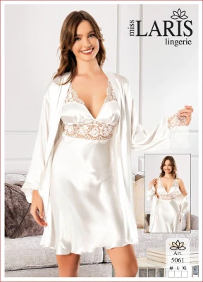 MİSS LARİS 5061 SATEN SABAHLIKLI 2'Lİ TAKIM BEYAZ