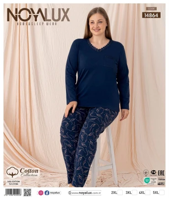 NOYALUX 14864 BİG COTTON CEPLİ UZUN KOLLU KADIN PİJAMA TAKIMI – 2XL-5XL