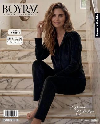 BOYRAZ 2681 KADİFE DÜĞMELİ SİYAH KADIN PİJAMA TAKIMI – S-XXL