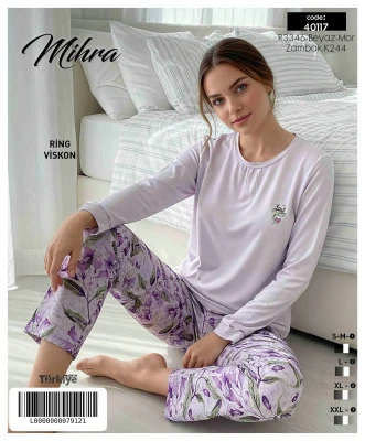 MİHRA 40117 R3346 RİNG VİSKON ÖN YAKASI BÜZGÜLÜ PİJAMA TAKIMI