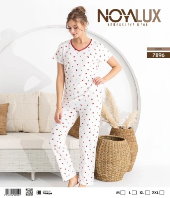 NOYA 7896 V YAKA DESENLİ KADIN PİJAMA TAKIMI BEYAZ