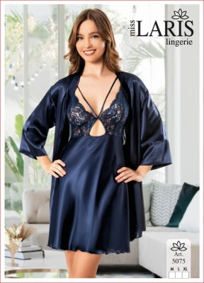 MİSS LARİS 5075 SATEN SABAHLIKLI 2'Lİ TAKIM LACİVERT