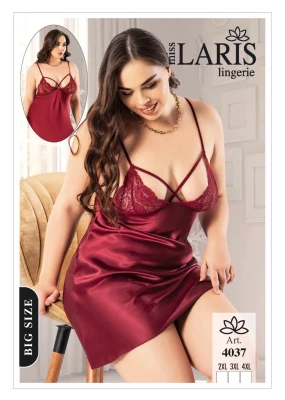 MİSS LARİS 4037 BÜYÜK BEDEN SATEN DANTELLİ GECELİK BORDO