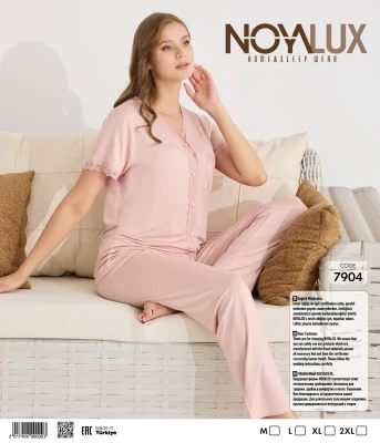 NOYA 7904 ÖNDEN DÜĞMELİ KADIN PİJAMA TAKIMI PUDRA