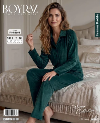 BOYRAZ 2663 KADİFE DÜĞMELİ ZÜMRÜT KADIN PİJAMA TAKIMI – S-XXL