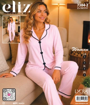 ELİZ 7304-2 KADIN KALP NAKIŞLI BAMBU PİJAMA TAKIMI