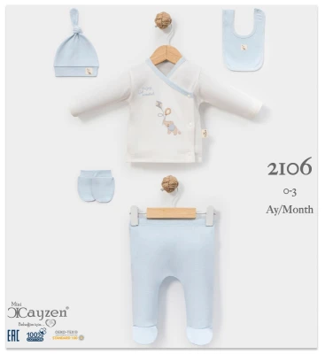 CAYZEN 2106 FİLLİ NAKIŞLI 5'Lİ BEBEK SETİ 0-3 AY