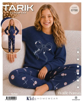 TARIK 6786 KIZ GARSON FİYONK NAKIŞLI WAFFLE PİJAMA TAKIMI LACİVERT 5-12 YAŞ