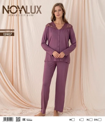 NOYALUX 13907 YAKA OMUZ DANTELLİ DÜĞMELİ GÖMLEK KADIN PİJAMA TAKIMI MOR