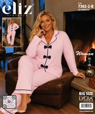 ELİZ 7302-2-B BATTAL PAPYONLU BAMBU PİJAMA TAKIMI