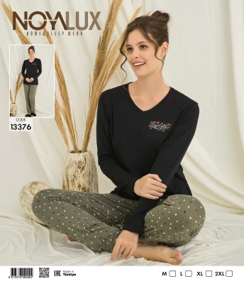 NOYALUX 13376 UZUN KOL V YAKA KADIN PİJAMA TAKIMI SİYAH M-XXL