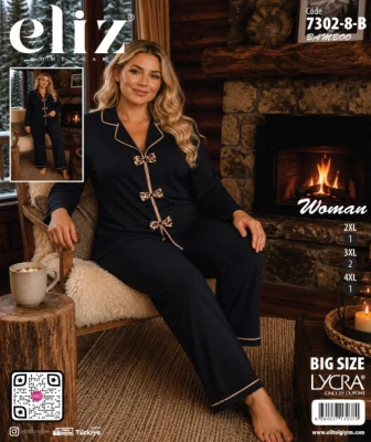 ELİZ 7302-8-B BATTAL PAPYONLU BAMBU PİJAMA TAKIMI