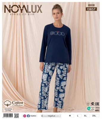 NOYALUX 13857 COTTON BASKILI LACİVERT KADIN PİJAMA TAKIMI