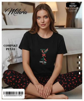MİHRA 90787 R4073 KOMPAKT PENYE KISA KOL BASKILI KAPRİ PİJAMA TAKIMI SİYAH