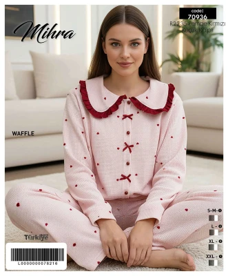 MİHRA 70936 R2235 WAFFLE DÜĞMELİ YAKASI FIRFIRLI PİJAMA TAKIMI