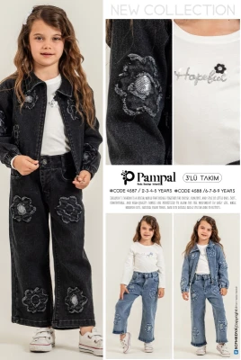 PAMPAL 4588 ÖNÜ ÇİÇEKLİ KOT 3’LÜ KIZ ÇOCUK TAKIMI – 6-9 YAŞ